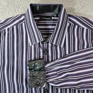 7‎ Diamonds Dress Shirt Men XXL Embroidered Button Up Long Sleeve Purple Striped